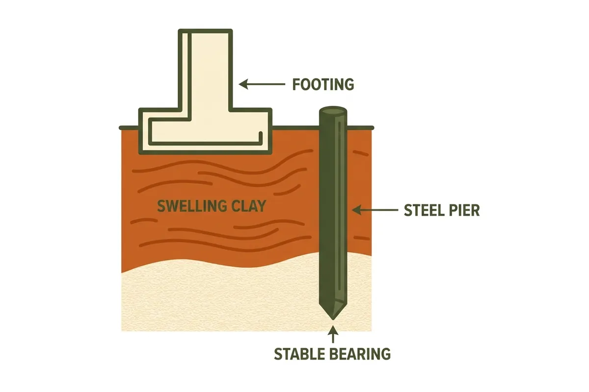 Cutaway diagram: pier driven through shrink-swell Wilcox clay to stable bearing beneath a Tyler footing