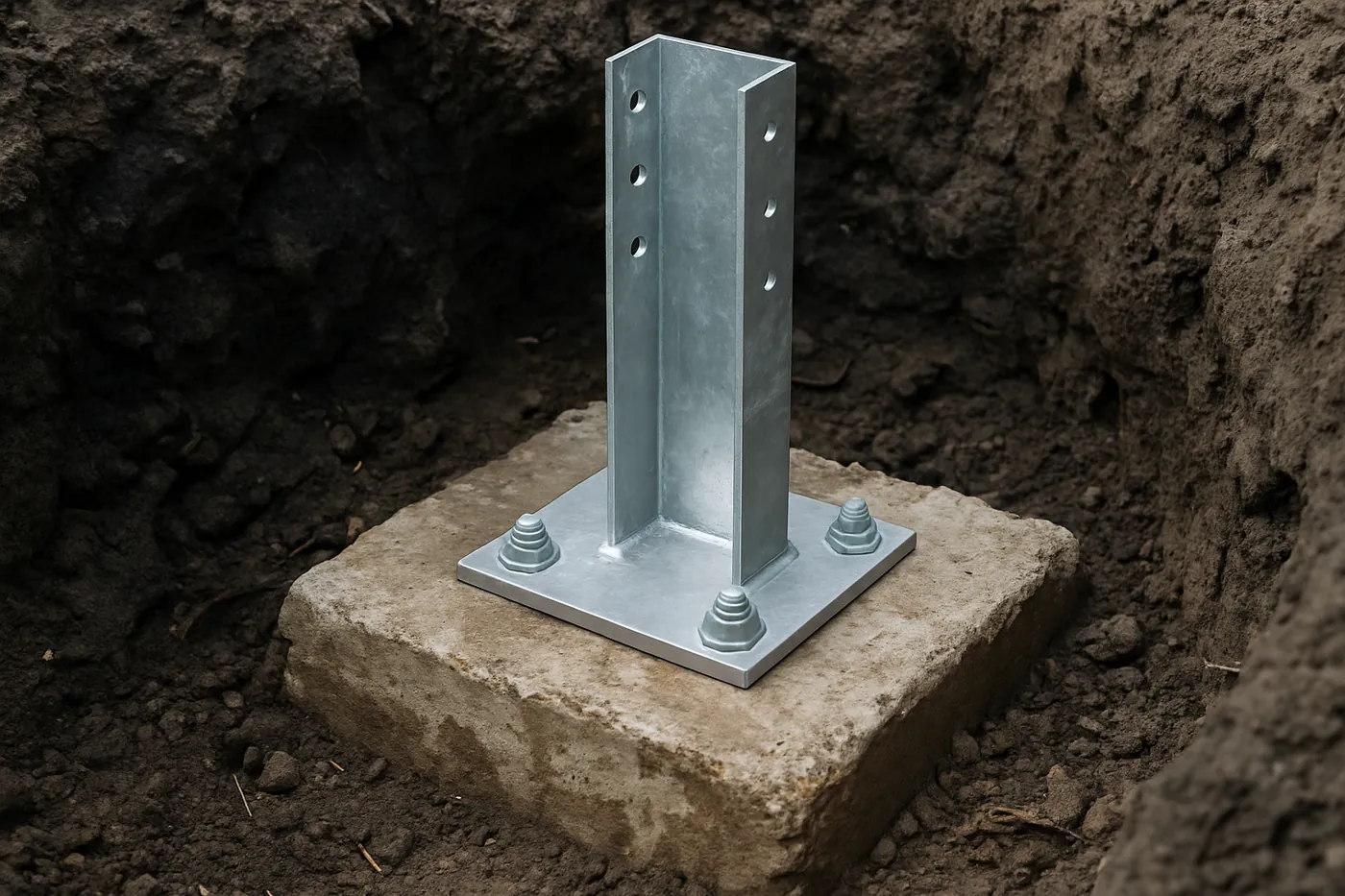 Pier bracket bolted to a concrete footing in East Texas red clay during a Tyler underpinning